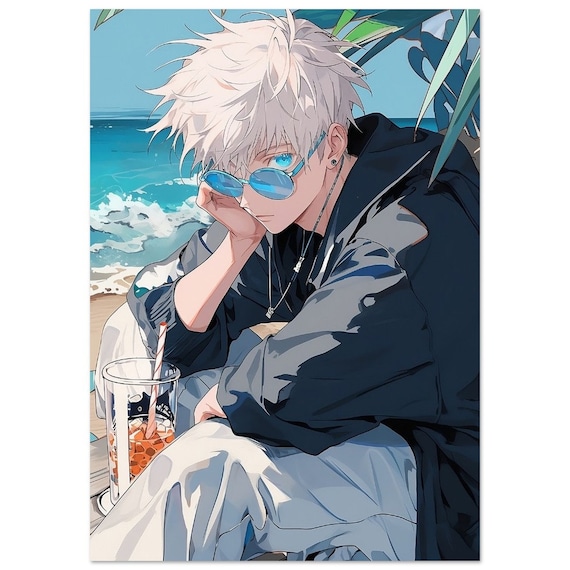 white hair, Jujutsu Kaisen, Satoru Gojo, slippers, glasses, window, palm  trees, sky, clouds, stars, anime, Anime screenshot, anime boys