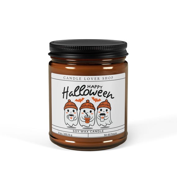 Scented Soy Candle - Halloween Ghosts, Cozy Home Decor, Autumn Gifts, Fragrant Amber Jar, Eco-Friendly Candle