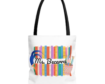 Personalized Teacher Tote Bag, Colorful Book Design, Great for Educators, Arts and Paintbrush, Gifts for Teachers, Library Lovers