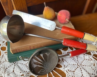 Set of 3 Bakelite Kitchen Tools, MCM Bakelite, Icing Spatula, Ladle, Sifter