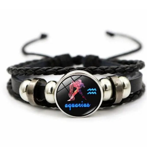 12 Zodiac star sign leather bracelets black, packaged in a star black gift box