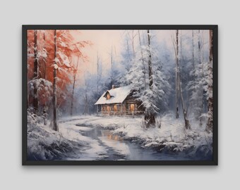 Christmas Cabin Printable, Vintage Christmas Decor, Winter Print Monet Style Painting, Digital Download, Holiday Wall Art, North Pole Prints