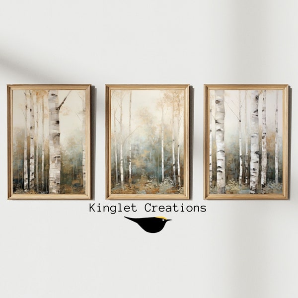 Rustic Birch Trees Painting, Digital Download, Farmhouse Decor, Cottage Decoration, 3 Piece Birch Forest Art Set, Best Selling Art