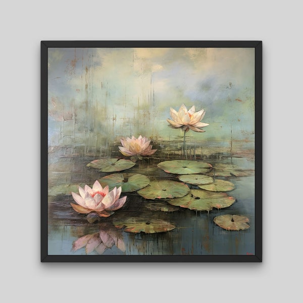 Water Lilies Printable Wall Art, Digital Download, Vintage Rustic Farmhouse Decor, Oil Painting, Serene Wall Art, Nature Pond Artwork, Calm