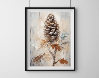 Pinecone olieverfschilderij afdrukbaar, vintage kerst winterdecor, wintervakantie kunst aan de muur, vakantie natuur decor, digitale download