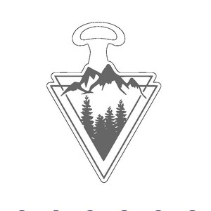 May include: A gray mountain and pine tree design inside a double triangle with a gray loop at the top.  The design is suitable for use as a keychain, charm, or sticker.