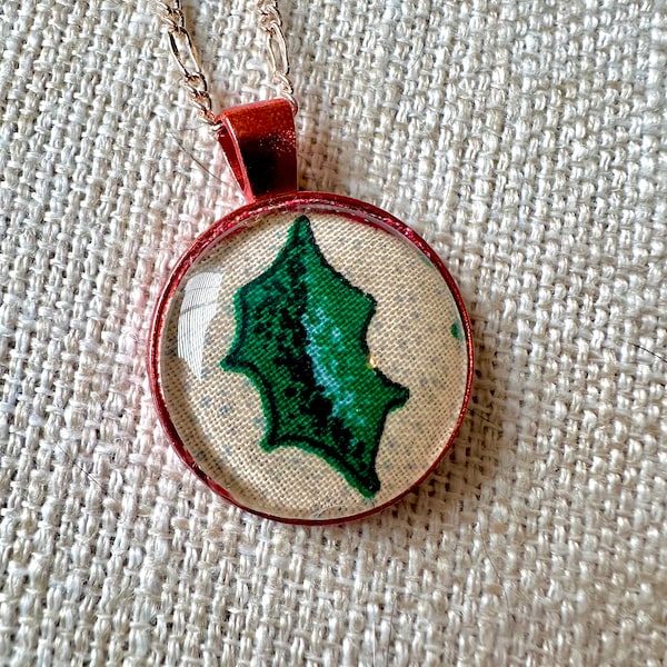 Markdown Clearance Sale! Holly Leaf Pendant made with Upcycled Fabric and chain is included. Affordable gift for plant lovers.