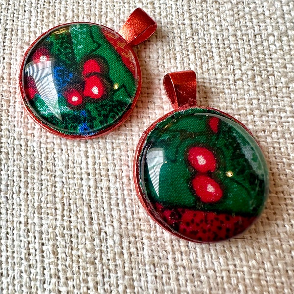 Markdown Clearance Sale! Holly / Red Berry Pendant made with Upcycled Fabric and chain is included.  Affordable gift for plant lovers.