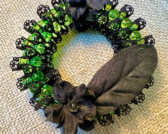 3 Retro Inspired Halloween Goth Wreath Ornament Ghoulish Green with Lace and Black Flowers, Witchy Poison Vibe (set of 3)