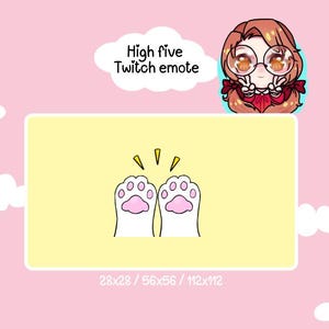 May include: A yellow square with two white cartoon cat paws giving a high five. The text "High five Twitch emote" is above the square. The text "28x28 / 56x56 / 12x12" is below the square.