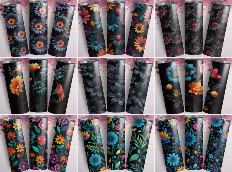 rich floral tumbler, baroque floral tumbler, sophisticated floral tumbler, abstract floral tumbler, deep floral tumbler, elegant drinkware wrap, moody aesthetic tumbler, floral sublimation PNG, flower pattern tumbler,
