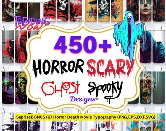 Horror Tumbler Wraps: Halloween Ghost, Wednesday Addams, Dia De Los Muertos (300 DPI PNG)