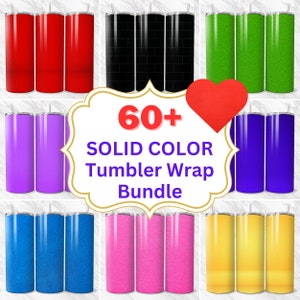 May include: A collection of 60+ solid color tumbler wraps in various colors, including red, black, green, purple, blue, pink, and yellow. The wraps are designed for use on tumblers and are available in a bundle.