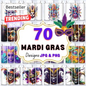 Mardi Gras Tumbler Wrap PNG, 20oz Skinny Sublimation Design, Festive Mask Feathers, Carnival, Vibrant Party Mardi Gras Gift, Digital Art