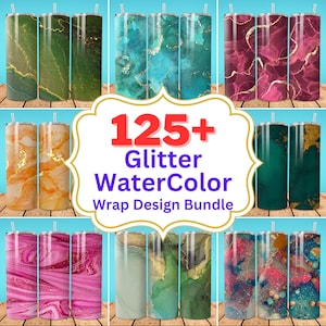 May include: A set of 125+ glitter watercolor wrap designs for tumblers. The designs feature various colors and patterns, including green, blue, orange, pink, and red. The designs are perfect for adding a touch of sparkle and elegance to your tumblers.