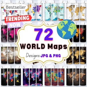 Może przedstawiać: 72 wzory map świata JPG & PNG. Kolaż kolorowych wzorów map świata na różnych tłach, w tym akwarela, drewno i marmur.