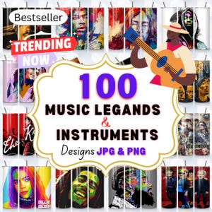 May include: A collage of 100 colorful designs featuring music legends and instruments. The designs are perfect for sublimation projects, such as tumblers, mugs, and phone cases.  Designs JPG & PNG.