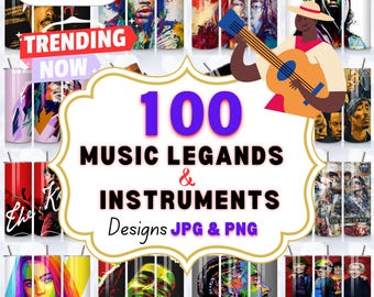 Music Tumbler Wraps: 100 PNG Designs, Rock Legends, Guitar, Piano (Digital Download)