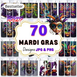 Mardi Gras Tumbler Wrap PNG, 20oz Skinny Sublimation Design, Festive Mask Feathers, Carnival, Vibrant Party Mardi Gras Gift, Digital Art
