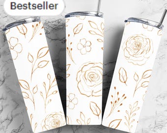White Gold Floral 20oz Sublimation Tumbler Designs, White Flowers 9.3 x 8.2” Skinny Tumbler Wrap PNG Gold Sublimation Designs Downloads PNG