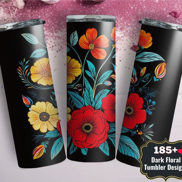 Stained Glass Floral Tumbler Wrap PNG Dark Flowers 20oz Skinny Sublimation Tumbler Designs Dark Floral print Rose tumbler png gift for him