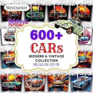 May include: A collage of colourful images featuring over 600 vintage and modern cars. The text "600+ CARS" is in large, bold, purple letters. The text "MODERN & VINTAGE COLLECTION" is in red letters. The text "PNG, SVG, DXF, EPS, PDF" is in black letters.