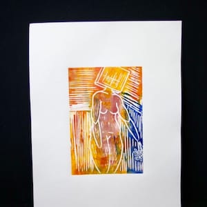 Linoleum Print with abstract female figure