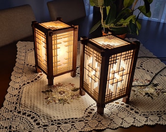 Japanese style table bedside shoji Asian wooden lamp lantern with Kumiko patterns decor panels.