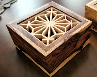 Handmade Square Jewelry Box With Kumiko Pattern Decor Panel
