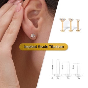 Titanium Threadless CZ Labret Stud 2mm–6mm Push-In Flat Back Earring gift set for Nose, Tragus, Helix, Conch, Cartilage Men’ Body Jewelry