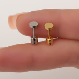 Titanium Disk Stud Earrings, geometric disk labret stud, minimalist Double sided screw back nap earrings, Gold Silver CZ stud earring,