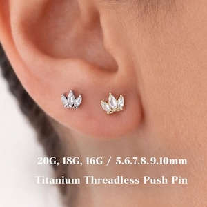 20G/18G/16G Titanium Push Pin Crown Labret Stud -Threadless CZ Flat Back Earring -Tragus Stud, Helix, Cartilage, rook, medusa, conch earring