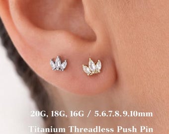 20G/18G/16G Titanium Push Pin Crown Labret Stud -Threadless CZ Flat Back Earring -Tragus Stud, Helix, Cartilage, rook, medusa, conch earring