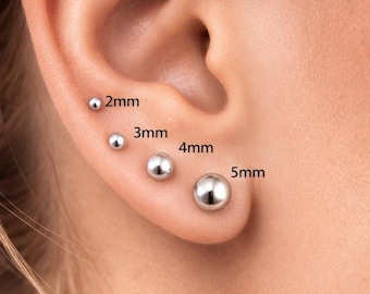 Titanium Push-In Ball Labret Stud Earring, Flat Back Tiny Sphere, Hypoallergenic Tragus Cartilage Helix Conch Nose Stud, Gold Silver