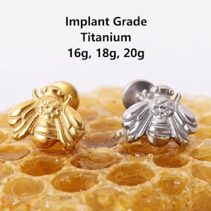 16G/18G/20G Titanium Flat back Push In Gold Silver Bee Labret Stud, Threadless Tragus, Helix, Cartilage, Conch Sleep earring, Nose stud