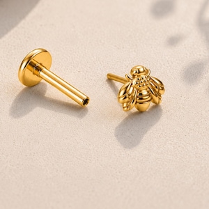 16G/18G/20G Titanium Flat back Push In Gold Silver Bee Labret Stud, Threadless Tragus, Helix, Cartilage, Conch Sleep earring, Nose stud