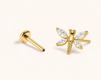 Dragonfly CZ Threadless Flat Back Stud Earring, Titanium Push Pin Labret 16G 18G 20G, Helix Tragus Conch Rook Cartilage Stud, Gold Silver