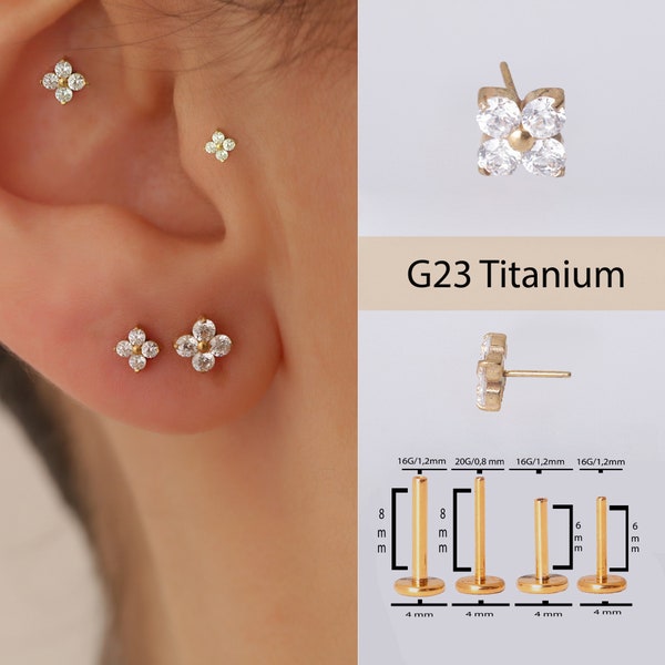 Boucles d'oreilles en titane avec poussoirs à l'arrière et en forme de fleur CZ quatre pierres, boucles d'oreilles trèfle à quatre feuilles, clou tragus, boucles d'oreilles Flower CZ, boucles d'oreilles diamant,