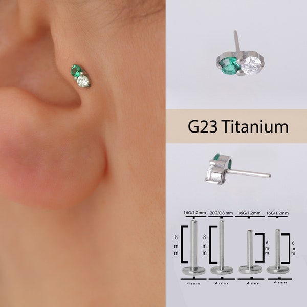 23G Titanium push in stud earring • 20G/18G/16G emerald helix piercing • emerald tragus stud • cartilage earring, titanium threadless stud