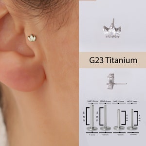 20G/18G/16G Titanium Push Pin Crown Labret Stud -Threadless CZ Flat Back Earring -Tragus Stud, Helix, Cartilage, rook, medusa, conch earring