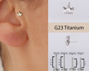 Labret à épingles et tiges en titane de qualité implantaire CZ 20G/18G/16G - Boucle d'oreille sans fil à dos plat - Clou tragus - Clou à dos plat - Hélice/cartilage