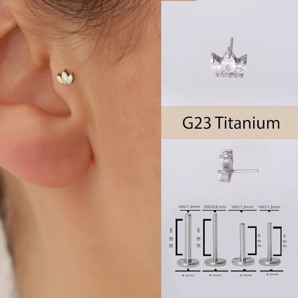 20G/18G/16G titanio grado implante CZ Crown Stud Push Pin Labret -Pendiente de espalda plana sin rosca -Tragus Stud -Flat Back Stud -Hélice/Cartílago