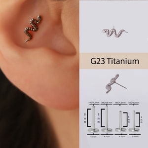 Threadless titanium push in Tiny Snake Flat Back Earrings, Serpent Push in Nose Stud, 20,18,16ga, 6-8mm, nap earring, minimalist,