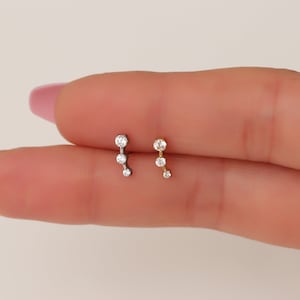 20G/18G/16G Titanium Triple Stones Ear Climber, Push Pin Labret Stud, Gold Ear Crawler, Flat Back Tragus, Helix, Conch, Cartilage Earring