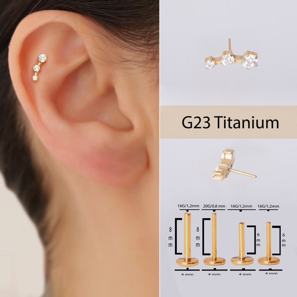 Titanium Triple Stones Climber Stud Earrings, flat back tragus earring Helix Stud • Cartilage Stud, 3 stone ear climber, minimalistic stud