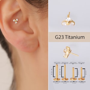 20g/18g/16g Dainty CZ Trinity Push In Labret, Threadless Stud Earrings, Three Stones Minimalist flat back Tragus, Cartilage Sleep Earring