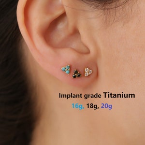implant grade  titanium Push in triangle CZ Labret Stud, 20G/18G/16G Threadless Blue stone Flat Back Earring • Black Tragus Stud, Helix Stud