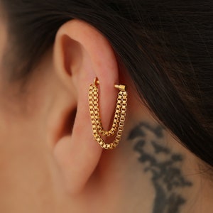 Draping Double Chain Push In Labret Stud Earring, Minimalist Septum Nose Piercing, Threadless Flat Back Helix, Conch, Cartilage Earring