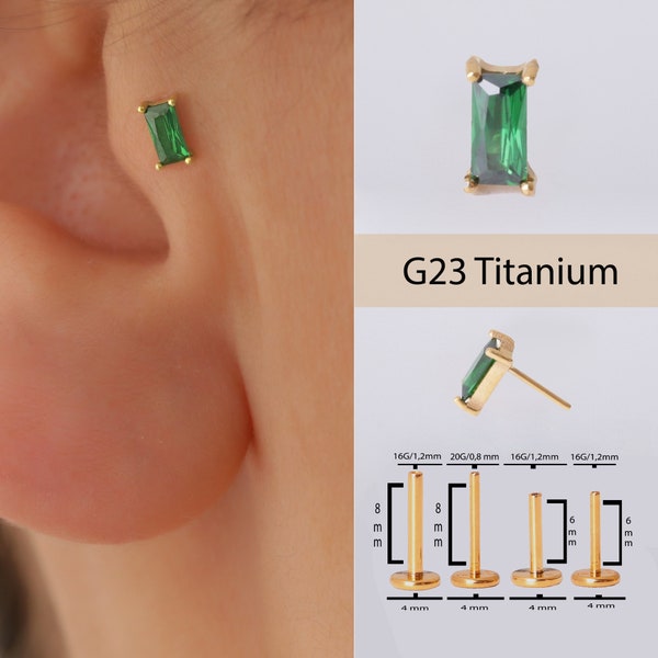 G23 titanium Emerald Baguette Studs, Rectangle emerald threadless Earring, Green Crystal sleeper Stud, Minimalist, flat back stud push in,