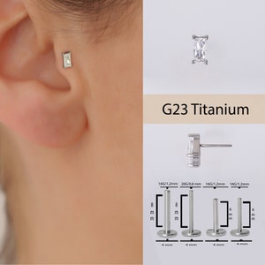 20G/18G/16G Titanium Push in CZ Baguette Labret Stud, Rectangle Flat Back Sleep Earring, Minimalist Cartilage, Conch, Helix, Nose Jewelry